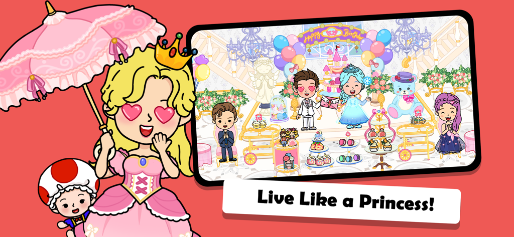 A princess themed birthday party scene in the YoYa digital dollhouse world with characters and decorations