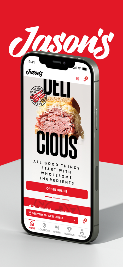 Jason's Deli - Jason's Deli mobile app home screen showing a large deli sandwich and a red order online button