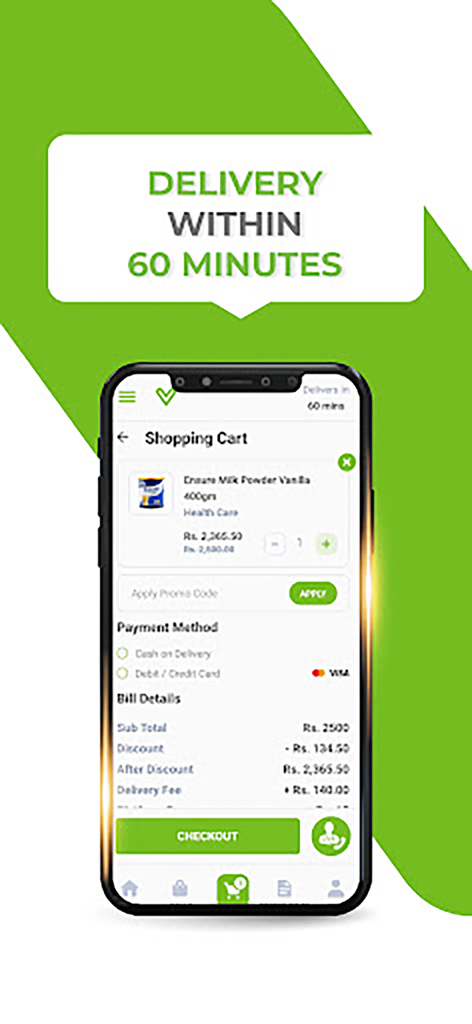 DVAGO - Pharmacy & Healthcare - DVAGO Apotheken-App Warenkorb-Bildschirm mit Milchpulver im Korb und einer Garantie für 60-minütige Lieferung
