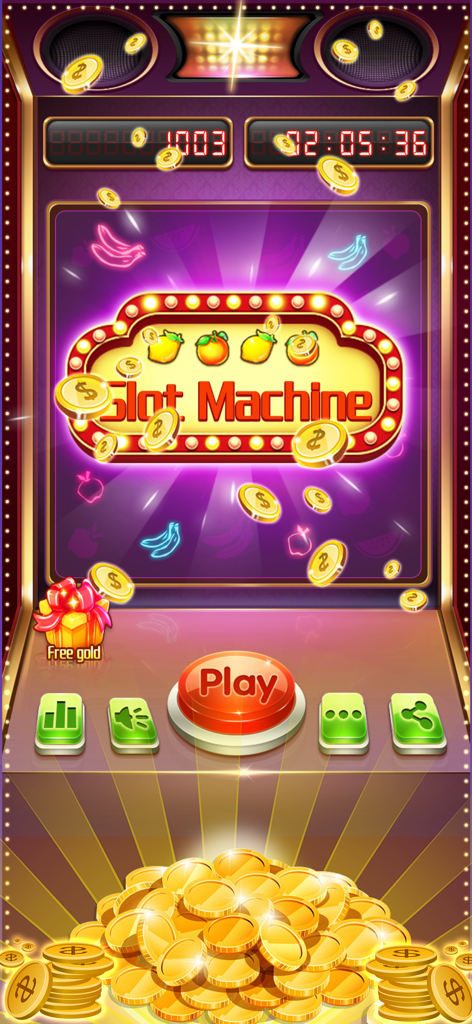 Classic fruit slot machine game interface with falling gold coins and a large red play button