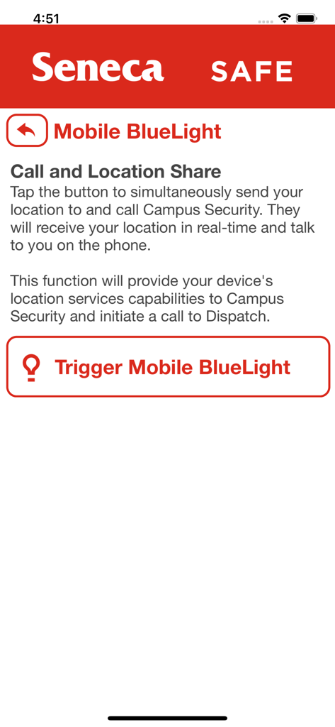 Seneca Safe app interface showing the Mobile BlueLight feature to call and share location with campus security