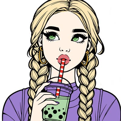 realistic girl with braided hair drinking boba