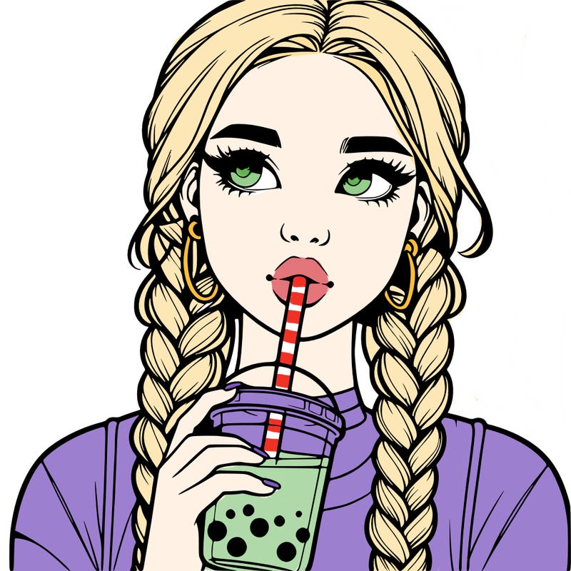 realistic girl with braided hair drinking boba