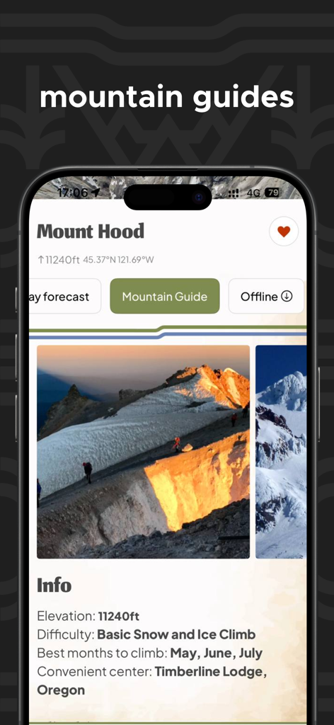 Mountain-Forecast.com - Schermata dell'app Mountain-Forecast che mostra una guida di arrampicata dettagliata per il Monte Hood con informazioni su altitudine e difficoltà.