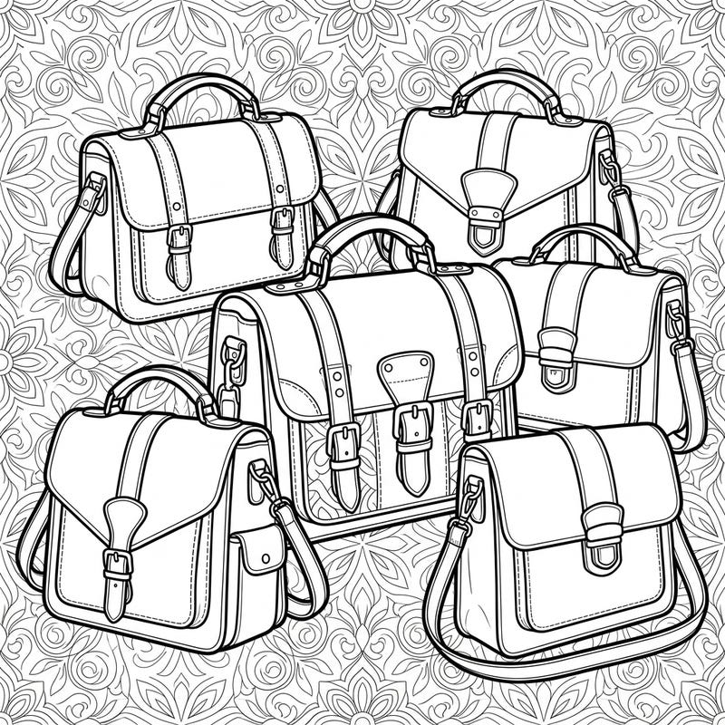 Explore a collection of stylish satchel bags in this unique coloring page designed for seniors. Enjoy the detailed lines and classic designs, perfect for a relaxing coloring experience.