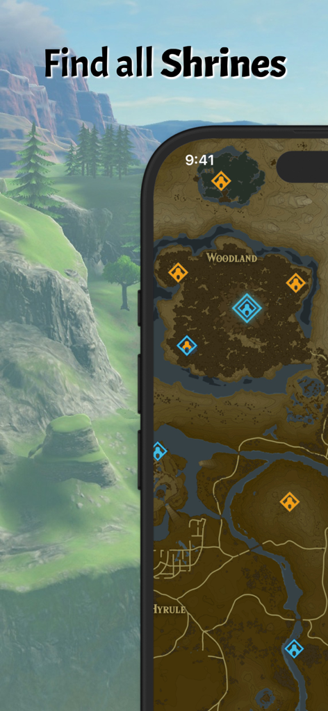 Kartenansicht in der Shrines Guide App, die die Standorte verschiedener Schreine in Breath of the Wild zeigt