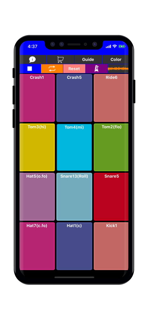 Drum PAD + - Real Finger Drums - A minimalist mobile app interface featuring a twelve pad grid of colorful drum samples on an iPhone.