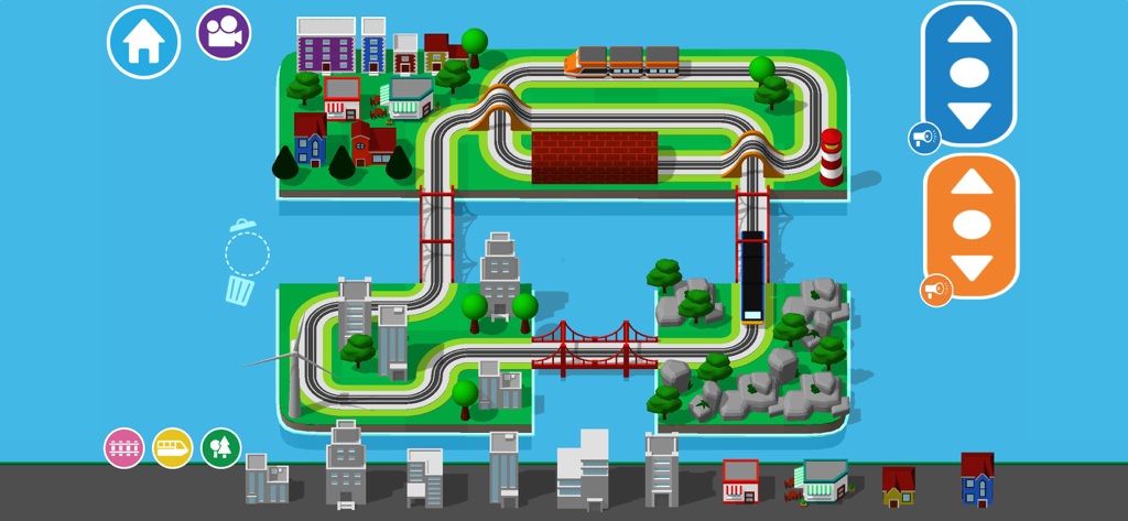 A colorful 3D train track world with buildings and bridges