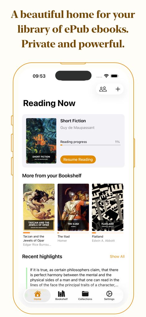 ePub Pro - ePub Pro アプリのホーム画面。iPhone 上での読書進捗状況と電子書籍の書棚を表示しています。