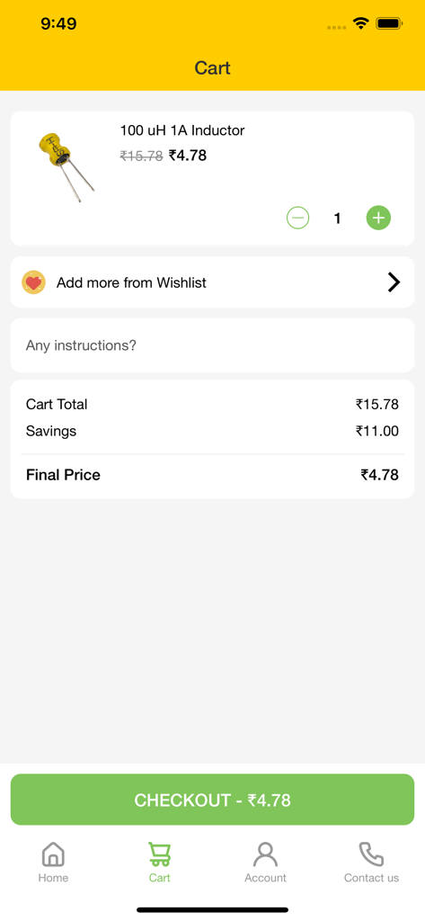 HnHCart - HnHCart app shopping cart screen showing electronic components and checkout button