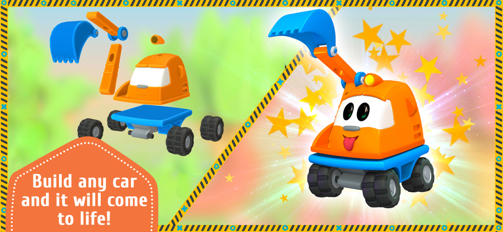 A split screen showing the assembly of a cartoon excavator and the finished truck coming to life with animated stars.