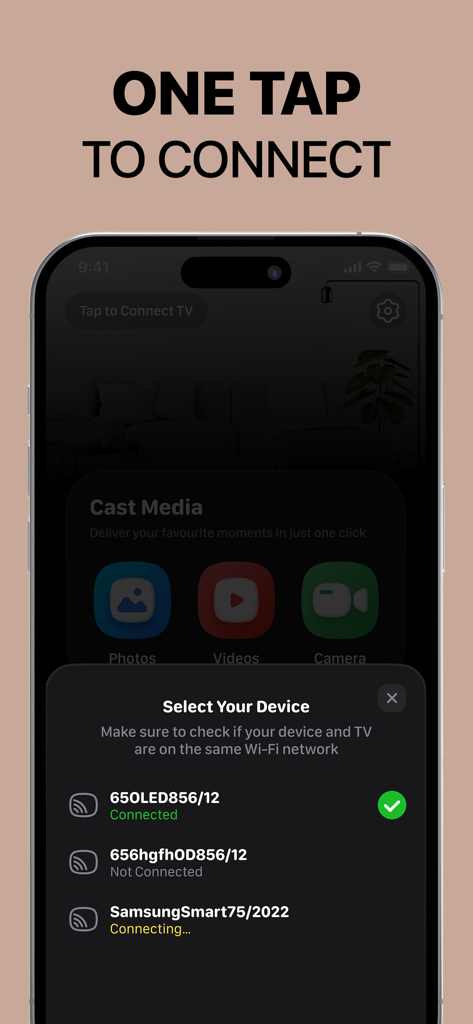 Screen Mirroring App: Smart TV - 화면 미러링을 위해 스마트 TV를 선택하는 원탭 연결 인터페이스를 보여주는 iPhone 화면