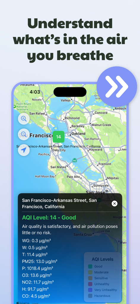 Air Quality Monitor: AQI App - Mobile app screen displaying a real-time air quality map and detailed pollutant breakdown for San Francisco.