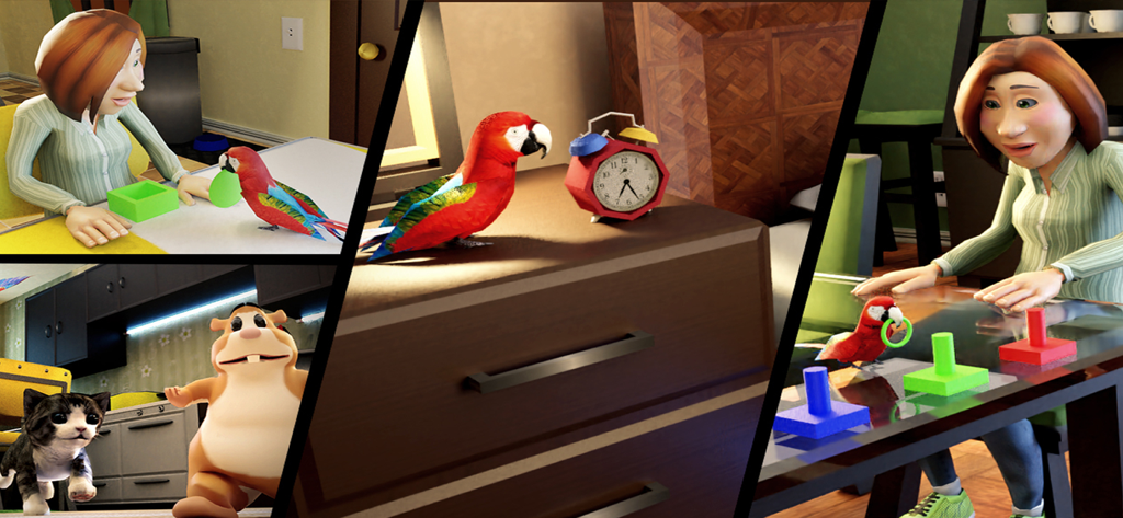 Collage di scene di gameplay di Parrot Simulator che mostrano minigiochi e interazioni con animali domestici