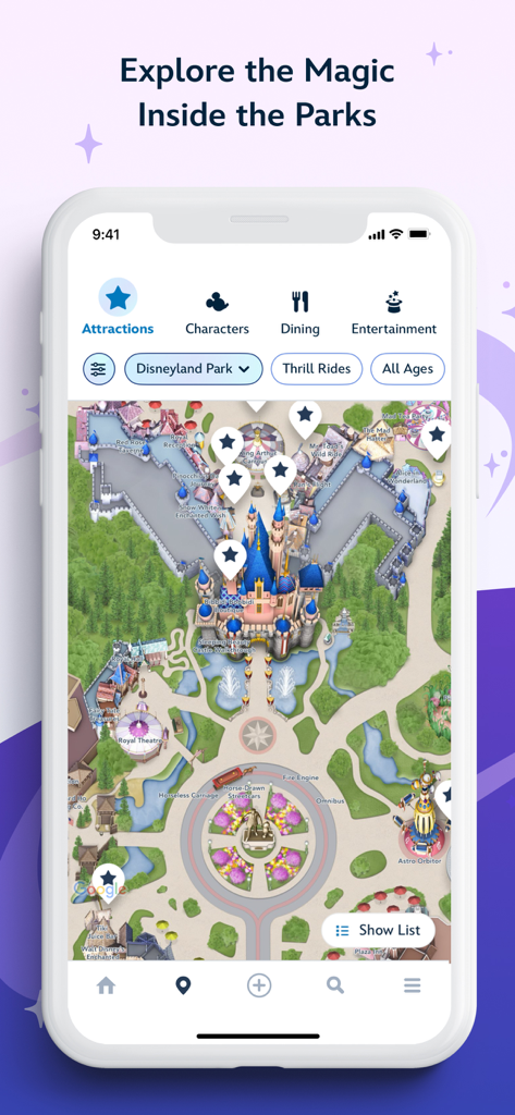 アトラクションの場所のピンが表示された、パークのインタラクティブなGPS対応マップを示すディズニーランド・アプリのスクリーンショット