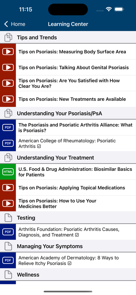 Learning Center screen of the Psoriasis Manager app showing a list of educational resources and treatment tips