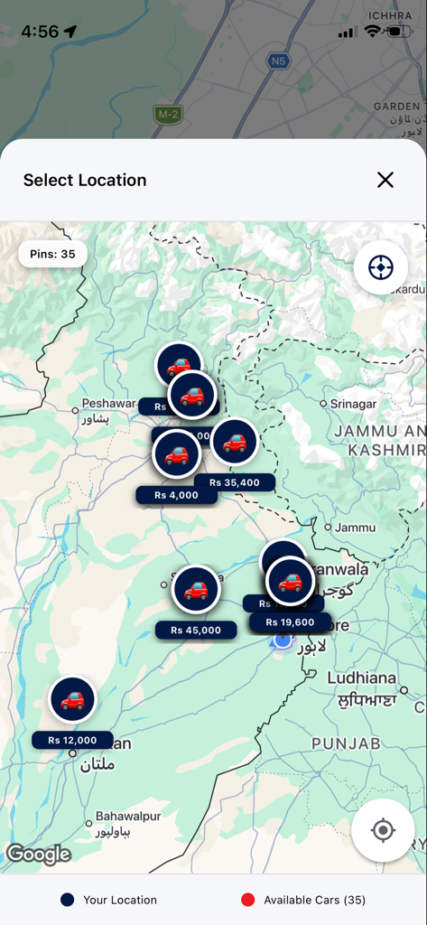 Hire A Car - 가격과 함께 이용 가능한 자동차 렌탈을 표시하는 Hire A Car 앱의 파키스탄 지도