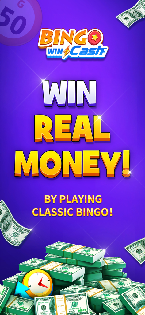 Bingo Cash: Win Real Money - Promotional screen for Bingo Cash app with stacks of cash and text saying Win Real Money by playing classic bingo