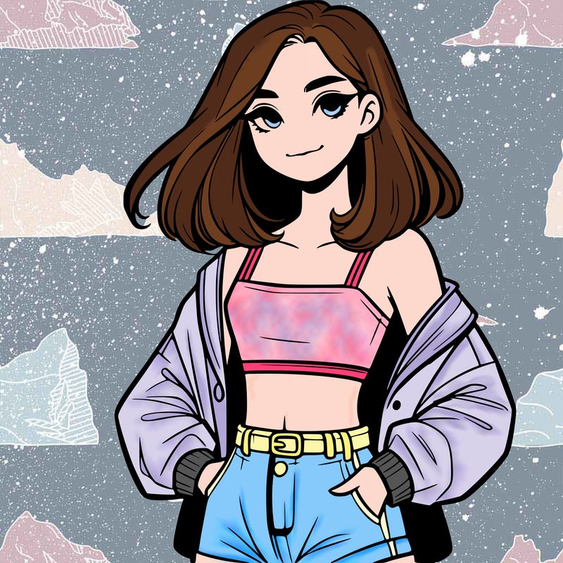 a realistic girl with a crop top and short shorts in an open jacket