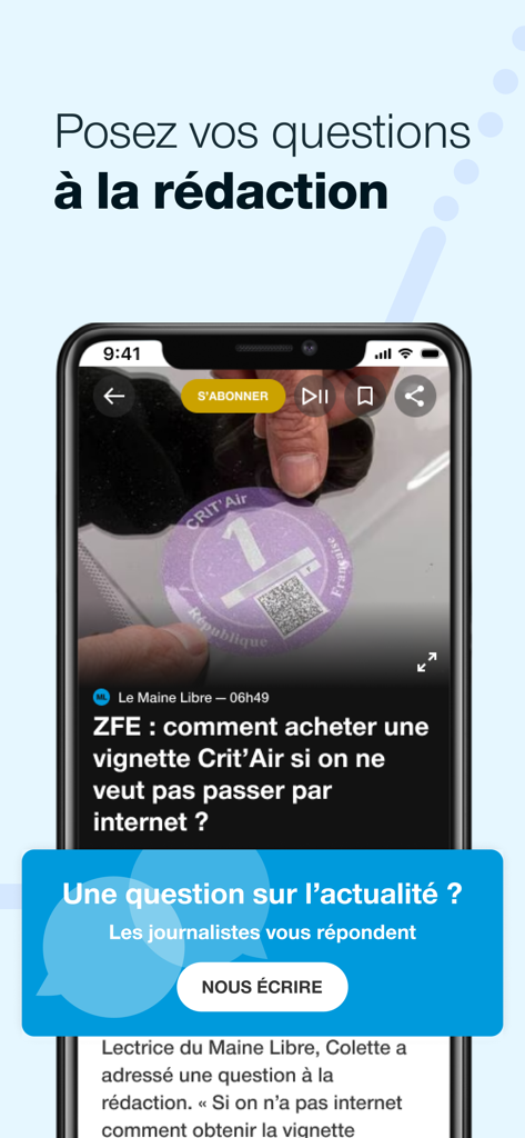 Interface de l'application Le Maine Libre présentant une fonctionnalité permettant de poser des questions à la rédaction.