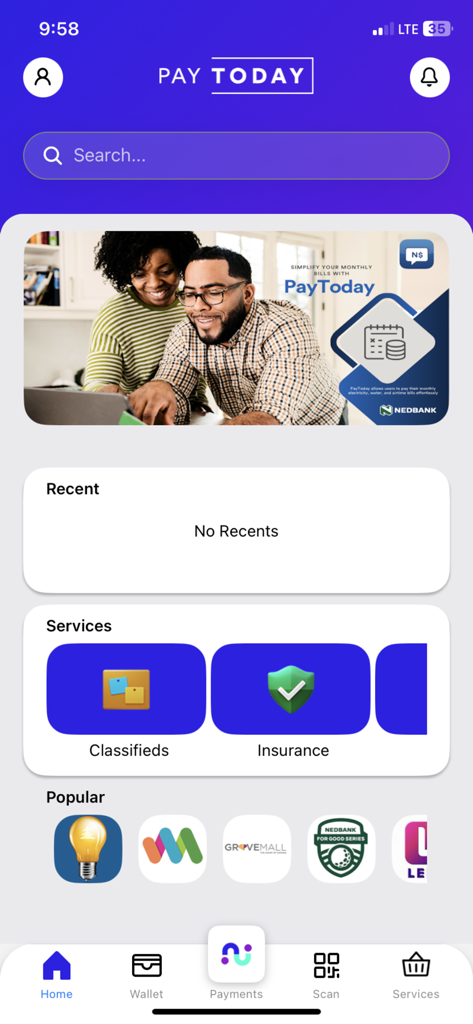 PayToday Mobile - PayToday Mobile app home screen displaying financial services and bill payment options