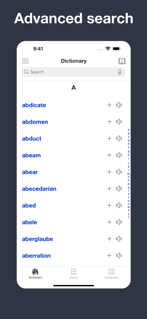 Modern English Etymology - A list of words starting with A in the Modern English Etymology dictionary app interface