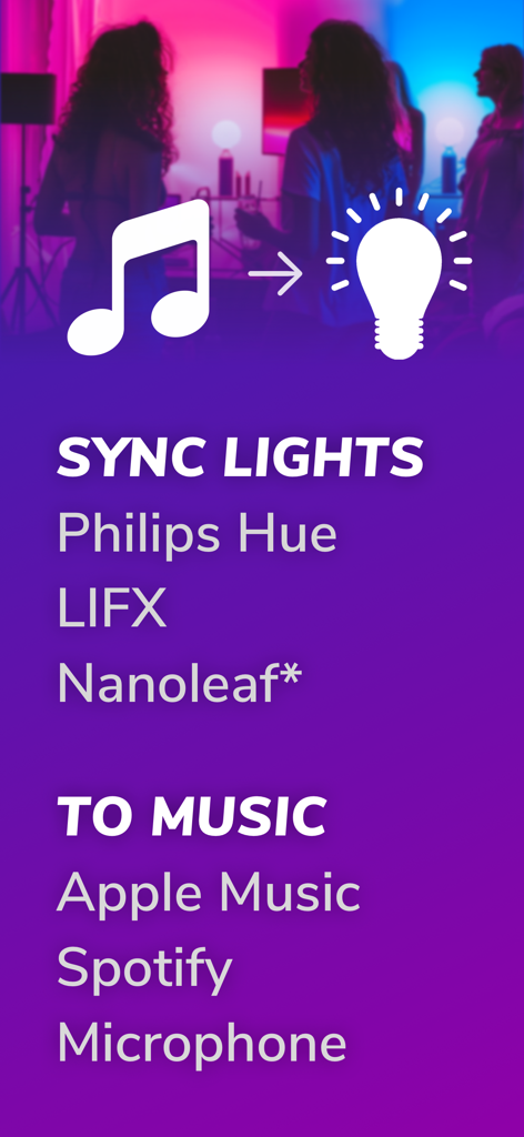 iLightShow for Philips Hue - A promotional graphic for iLightShow explaining how to sync Philips Hue LIFX and Nanoleaf lights to music from Spotify and Apple Music