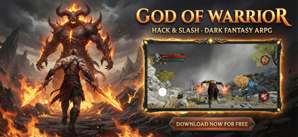 God of Warrior - God of Warrior mobile game banner featuring a warrior facing a giant flaming demon and a gameplay screenshot
