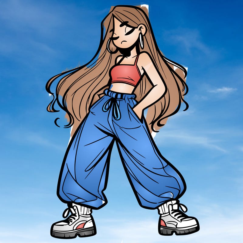 girl in baggy pants crop top and long hair