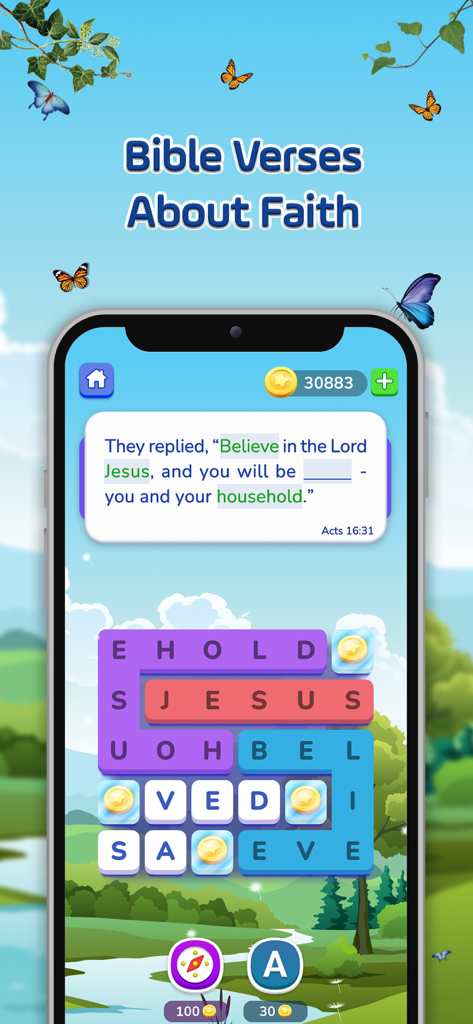 Bible Crossword Games - A mobile phone screen displaying a Bible crossword puzzle with a verse about faith and a peaceful nature background.