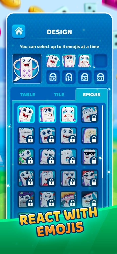 Dominoes Battle: The Best Game - Custom emoji selection menu in the Dominoes Battle mobile game showing various unlockable domino characters