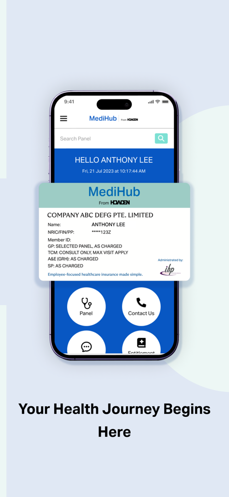 Howden MediHub mobile app display showing a digital medical insurance card and navigation options.