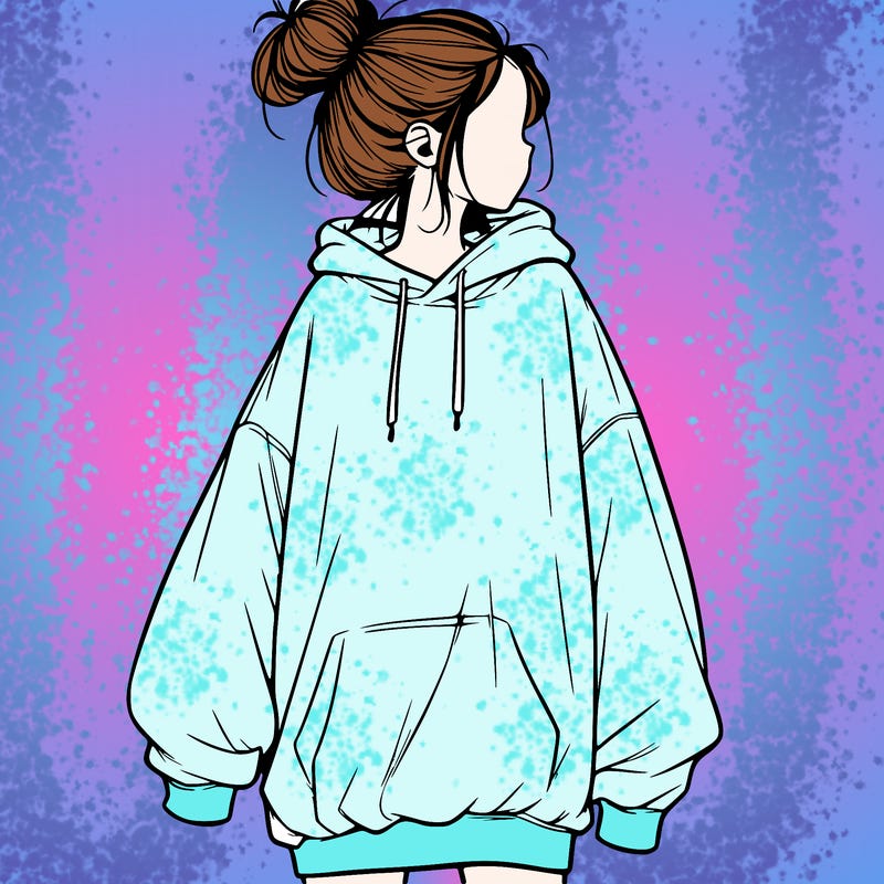realistic girl with a oversized sweatshirt on and a bun