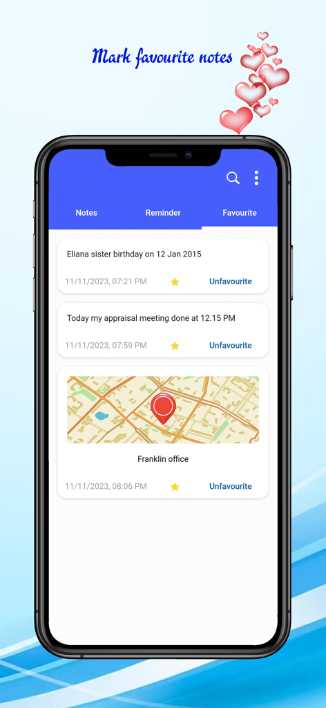 Open notes and reminder - Captura de pantalla de la sección de notas favoritas que muestra recordatorios de texto marcados con estrella y una ubicación de mapa guardada