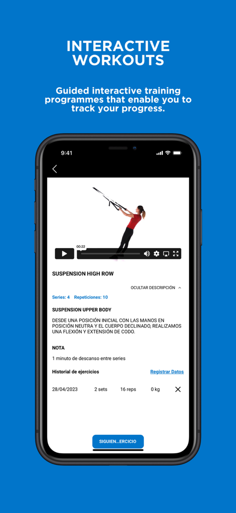 Smartphone screen displaying an interactive suspension high row workout with video and progress tracking in the My DiR app