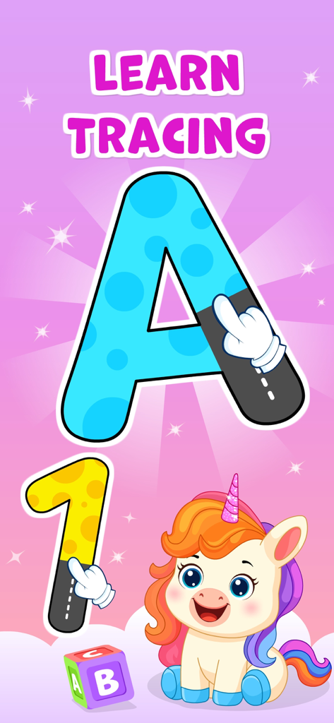 Gioco di tracciamento dell'alfabeto e dei numeri per la scuola materna con un personaggio unicorno