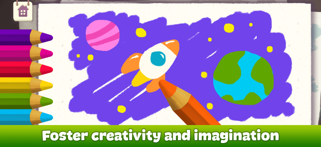 Drawing for Kids and Toddlers - Dibujo digital de una escena espacial con un cohete y planetas usando lápices de colores en una aplicación para niños.