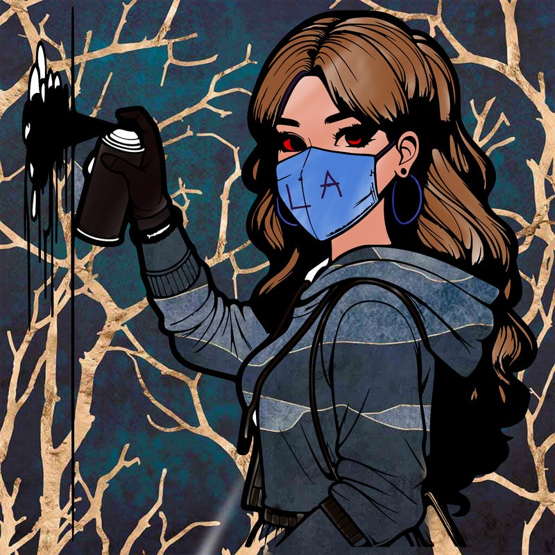 realistic girl with mask spray painting a wall