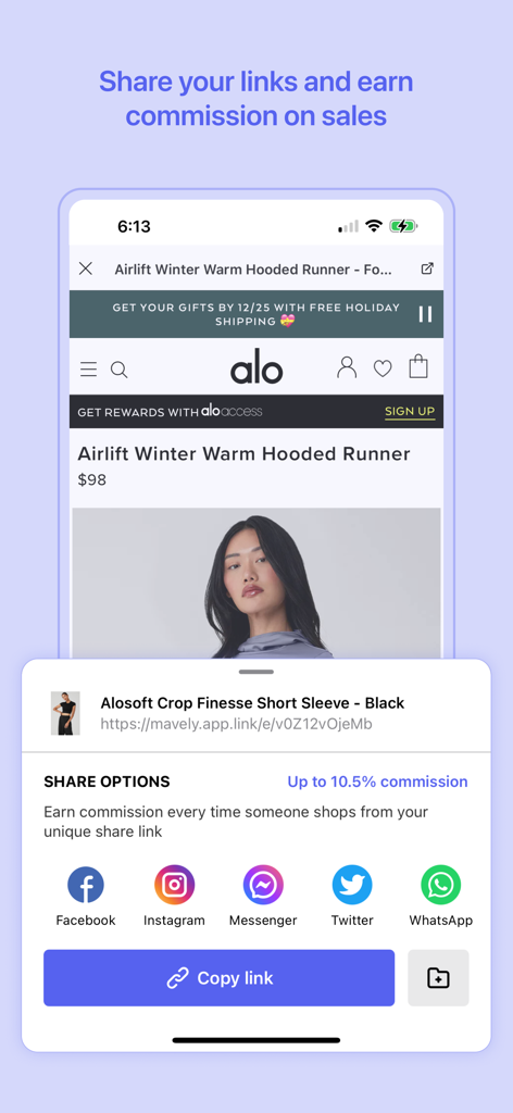 Mavely - Influencer Rewards - Interfaz de la aplicación Mavely que muestra opciones para compartir enlaces en redes sociales de productos para ganar comisiones.