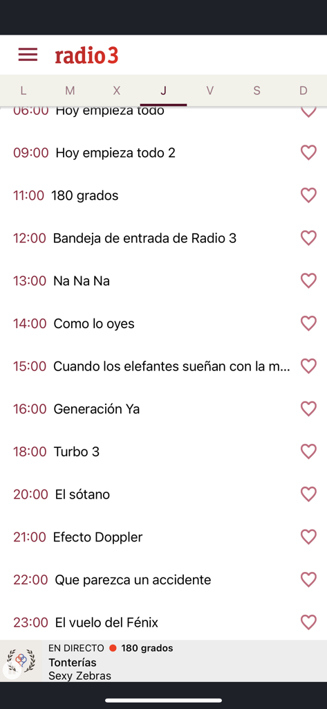 Radio 3 - Interfaz de la app Radio 3 mostrando un horario diario de programas de música y cultura.