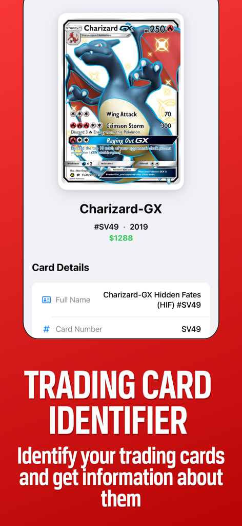 TCG Scanner: AI - TCG Scanner AI mobile app screen showing identified Charizard-GX Pokemon card with market price and card details