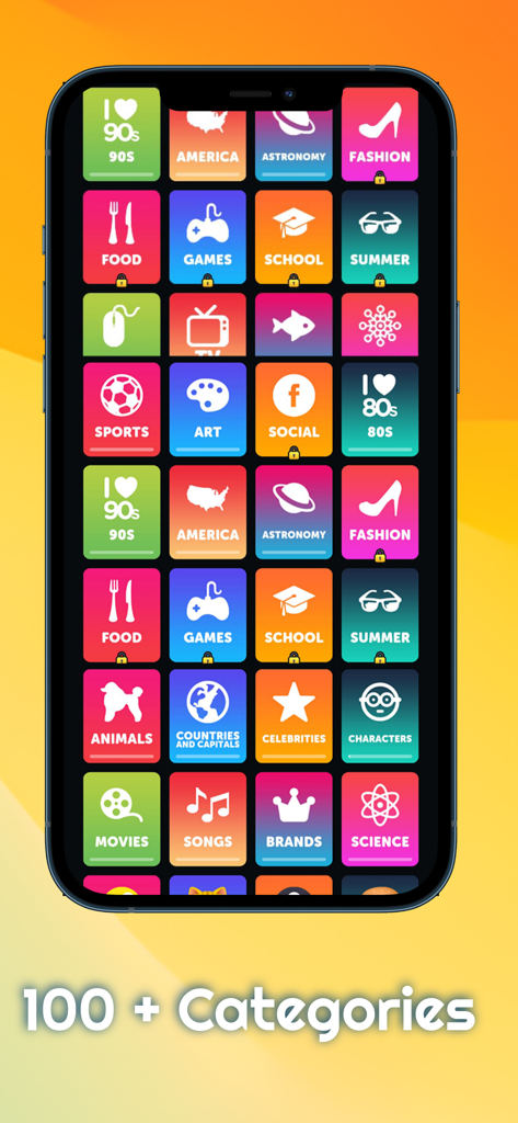 A smartphone screen displaying a colorful grid of word search categories like sports food and movies.