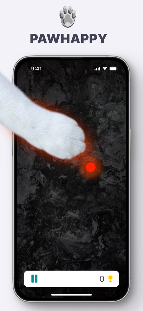 Games for Cats: Meow Fishing - Una zampa di gatto bianca che tocca un punto laser rosso su uno schermo di smartphone all'interno dell'app PawHappy
