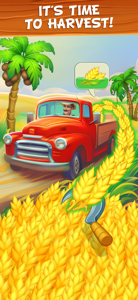 Family Farm - Farming Game - A red truck driving through a golden wheat field with a sickle harvesting crops in a tropical farming game.