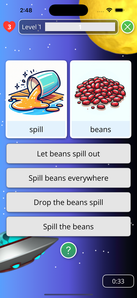 Écran de jeu mobile WordVibes montrant un puzzle rébus visuel pour l'expression idiomatique 'Spill the beans'