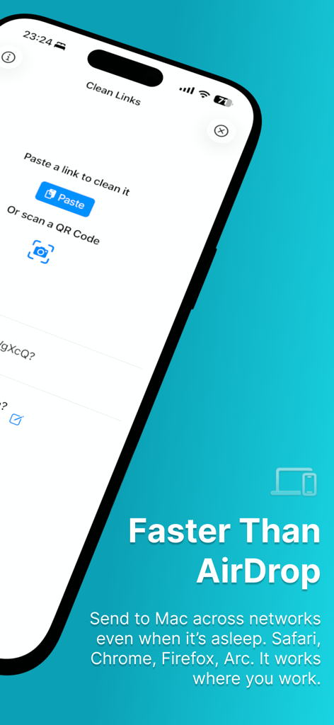 Clean Links - QR Code Reader - Clean Links app screenshot showing faster than AirDrop link sharing from iPhone to Mac