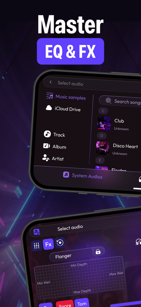 Dj Mixer: Virtual Music Maker - Dj Mixer app interface for mastering EQ and FX effects and selecting music tracks