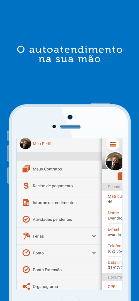Aplicativo Gen.te Mobile exibindo menu de autoatendimento de RH com opções de contracheques e férias