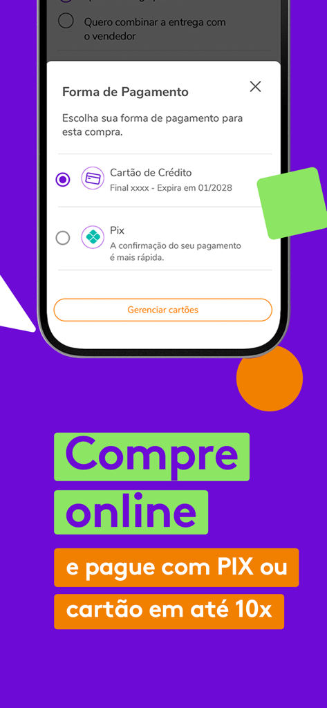 Interface do app OLX exibindo métodos de pagamento Pix e cartão de crédito