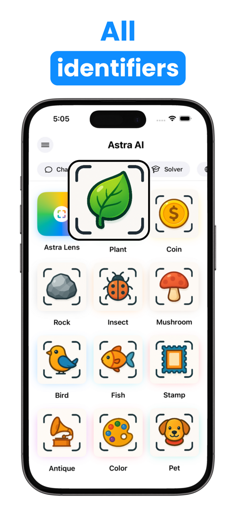 AI Assistant All-In-One: Astra - Interfaz de la aplicación Astra AI Assistant que muestra múltiples categorías de identificadores de objetos como plantas, monedas y mascotas.